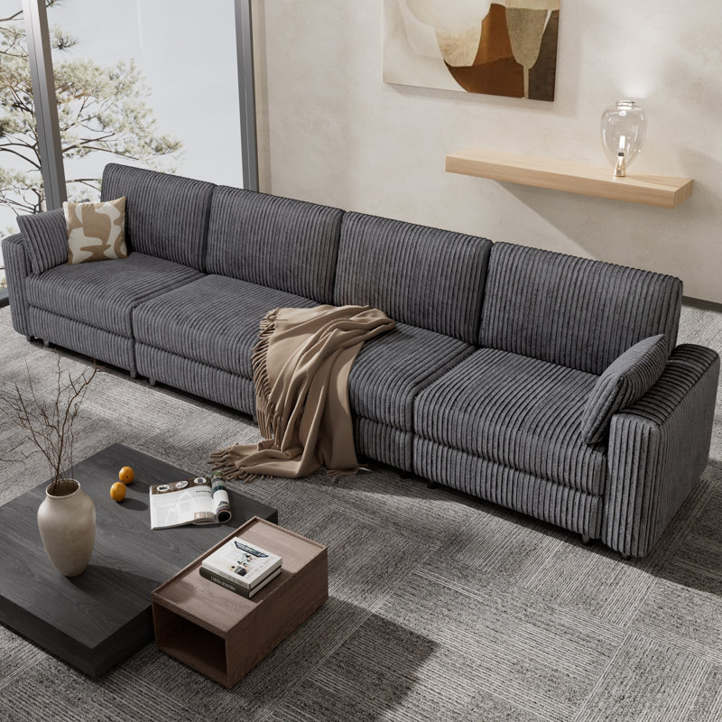 4 Seat Extra Large Modular Sectional Sofa With Luxurious Corduroy Upholstery, Modern Oversized Convertible Sectional Couch With Deep Seat Ottoman, Tool-Free Assembly