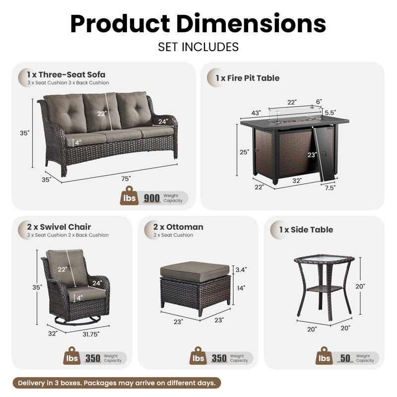 Ensemble de patio 7 pièces Wendye avec foyer de 55 K BTU, canapé 3 places, chaises berçantes pivotantes et repose-pieds pour terrasse et terrasse