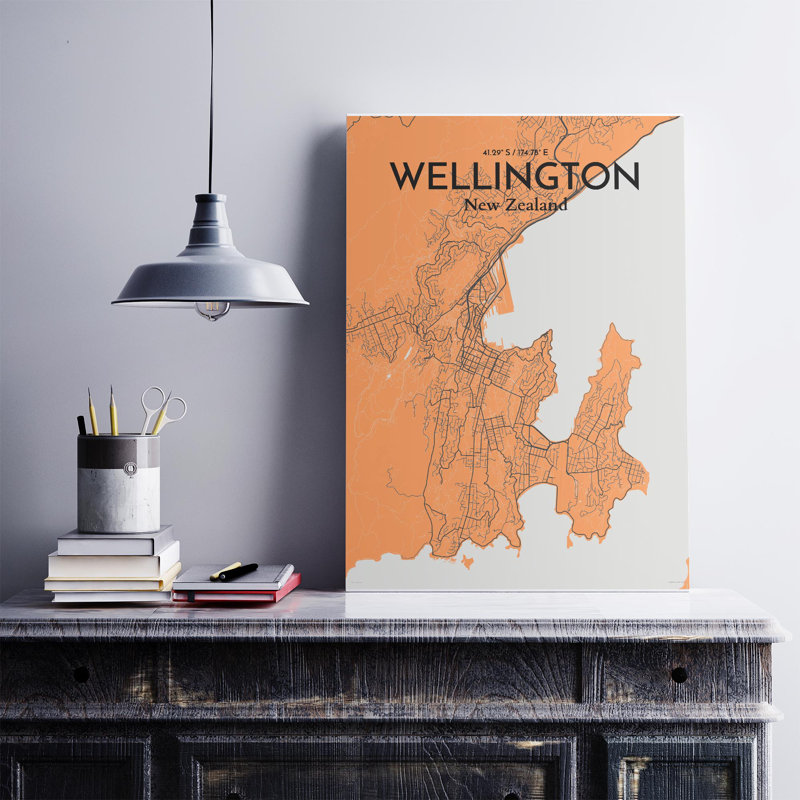 Wellington, carte de la ville, impression, H 27,6 po x l 19,7 po, Orange / gris