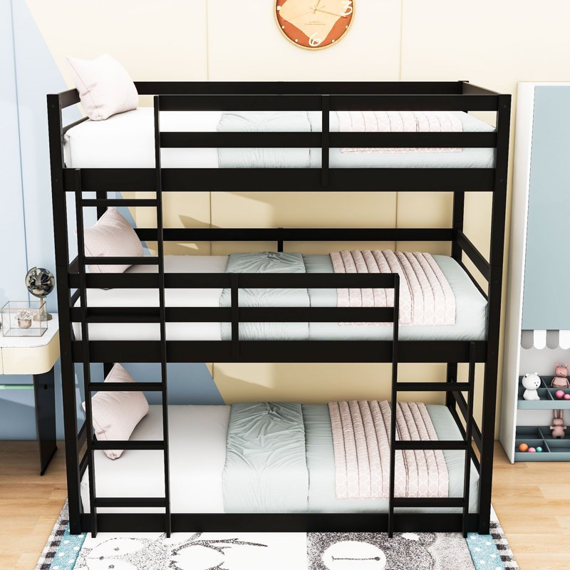 Kamaura Twin Over Twin Over Twin Bunk Bed With Safety Guardrails, Black