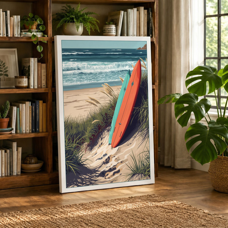 Surfboard at Dusk Coastal - Wrapped Canvas, 18x12 - 45.7 x 30.5 cm, Ochre Border