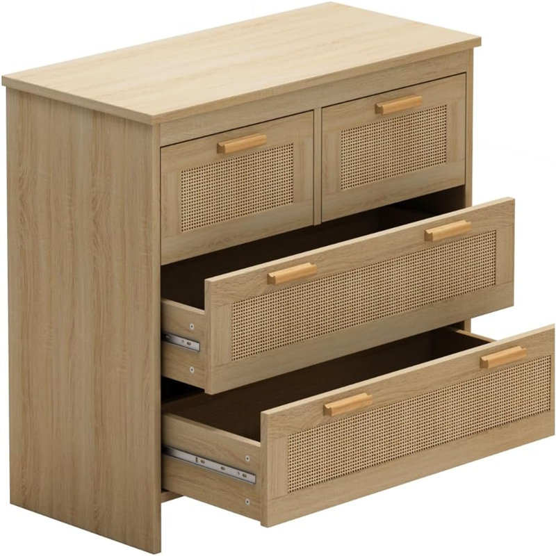 Armoire avant en rotin à 4 tiroirs - Finition en bois naturel avec texture tissée, rangement multifonctionnel pour la chambre à coucher, le salon, la salle à manger et le couloir, assemblage facile requis