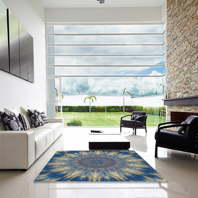 Tapis jaune/bleu tissé à la machine, Carré 6 pi