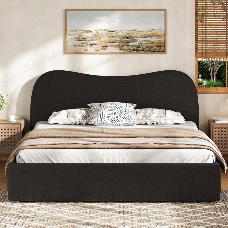 Grand lit plateforme tapissier avec lattes en bois, Noir, Grand lit