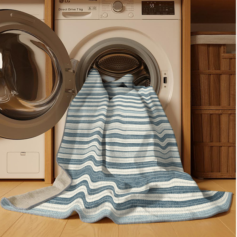  Tapis lavable rayé bleu pâle et blanc, Rond 8 pi