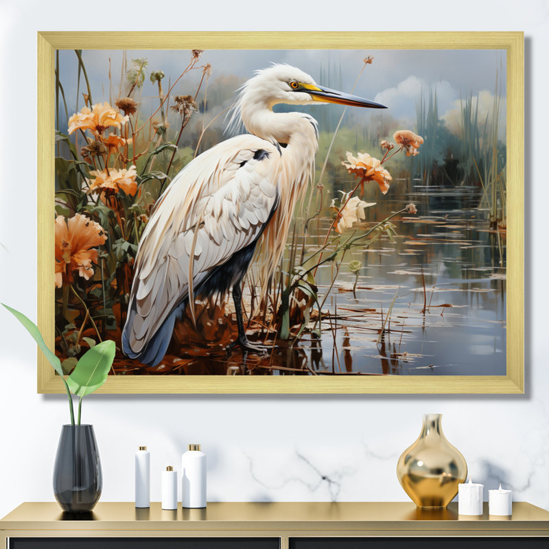 Héron pêche blanc, héron, art mural, H 30 po x l 40 po x P 1,5 po, Cadre doré simple