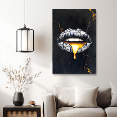 Edgy “Dollar Bill Lips with Dripping Gold (Bold Tone)” Money Lips Canvas Wall Art Stretched Frame for Eclectic Studio