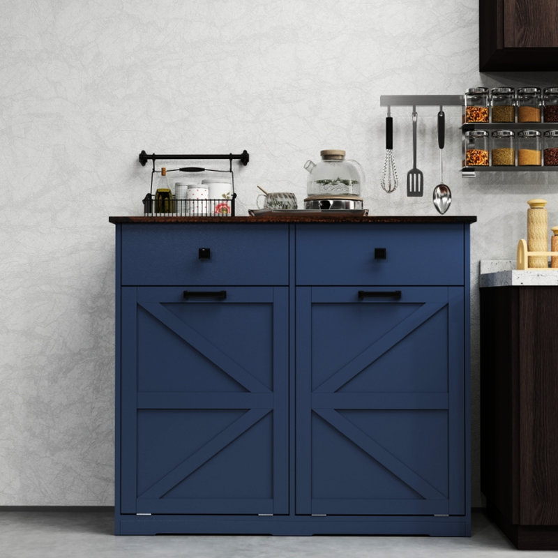 Armoire poubelle bleue à double basculement 20 gallons, conception cachée pour éloigner les animaux de compagnie, avec plateau de table et tiroirs de rangement imperméables pour économiser de l'espace