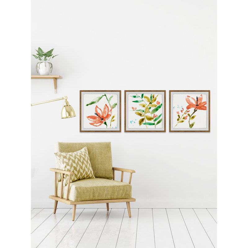 « orange fleuri », ensemble de 3 reproductions de peintures à l’aquarelle encadrées, H 18 po x l 18 po x L 1,5 po