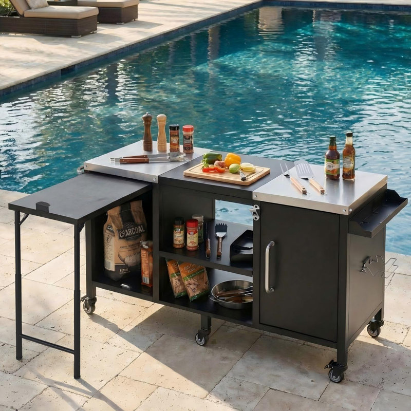 72.4-Inch Large BBQ Table With Metal Structure Compatible With Multiple Grills, Featuring A Folding Preparation Table And Adjustable Shelves.