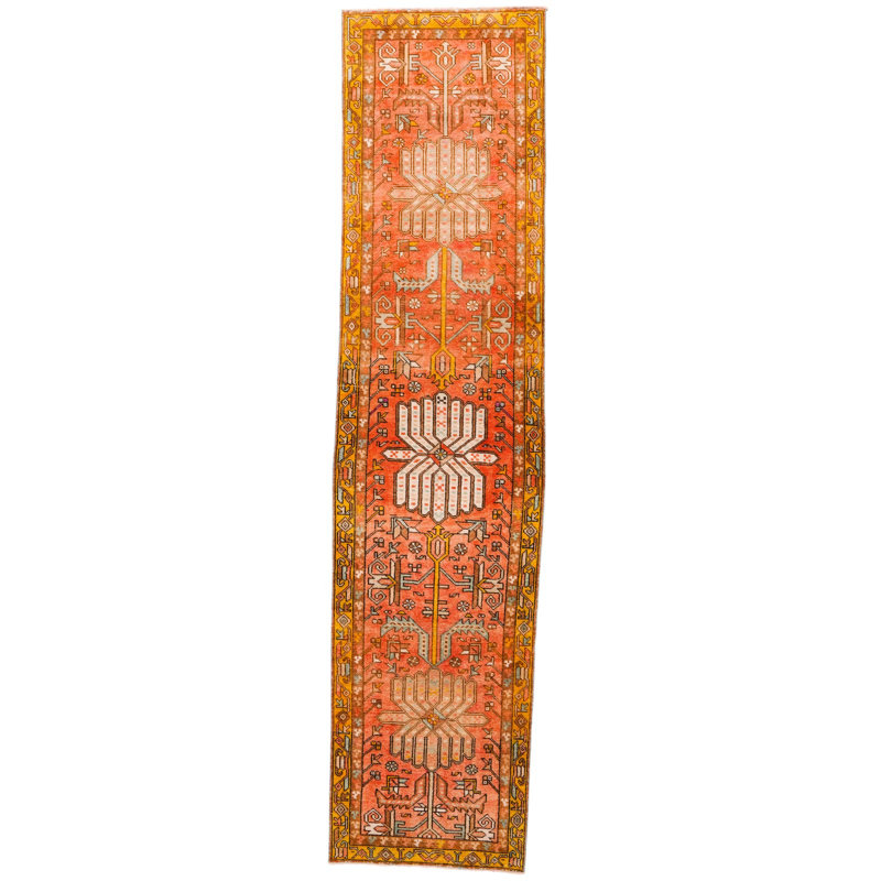 Vintage Handmade 3X12 Rust And Yellow Anatolian Turkish Oushak Distressed Area Runner