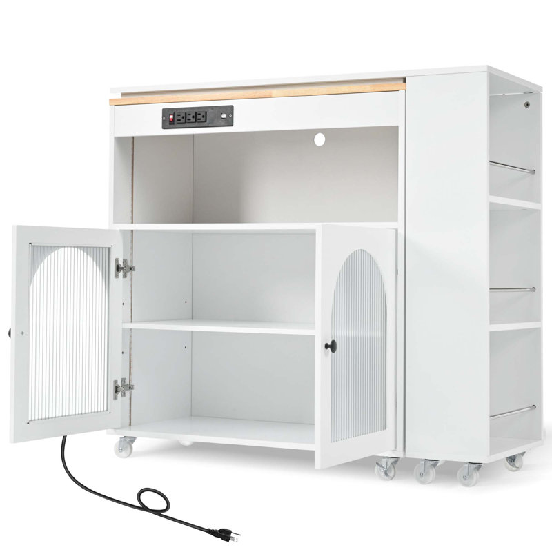 Îlot de cuisine roulant avec table allongée, îlot de cuisine sur roulettes avec lumières DEL, prises de courant et 2 portes en verre cannelé, îlot de cuisine avec compartiment de rangement et 3 tablettes latérales ouvertes