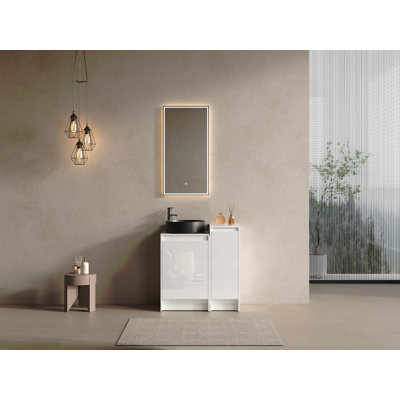 Meuble-lavabo autoportant de 32 po avec lavabo en céramique d'art et 1 petite armoire de rangement, portes à fermeture douce, contreplaqué (emballage KD)