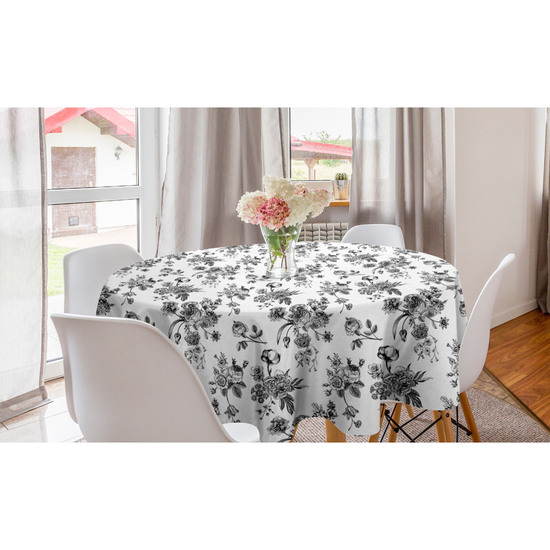 Black And White Round Tablecloth, Vintage Floral Pattern Victorian Classic Royal Inspired New Modern Art, Circle Table Cloth Cover For Dining Room Kitchen Decoration, 60", White And Black East Urban Home