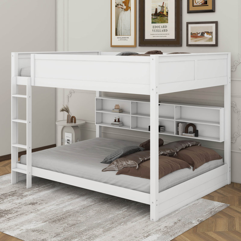 Queen Over Queen Bunk Bed With Cabinets And USB, White