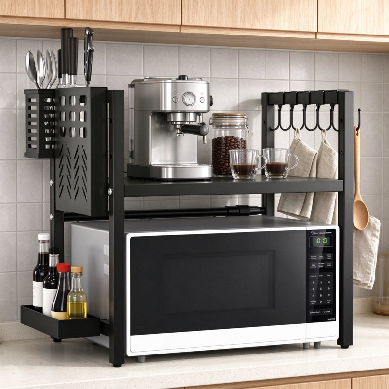 Expandable Microwave Shelf, Single-Tier Freestanding Kitchen Worktop Stand, Adjustable Storage Rack for Air Fryers, Toasters and Coffee Machines