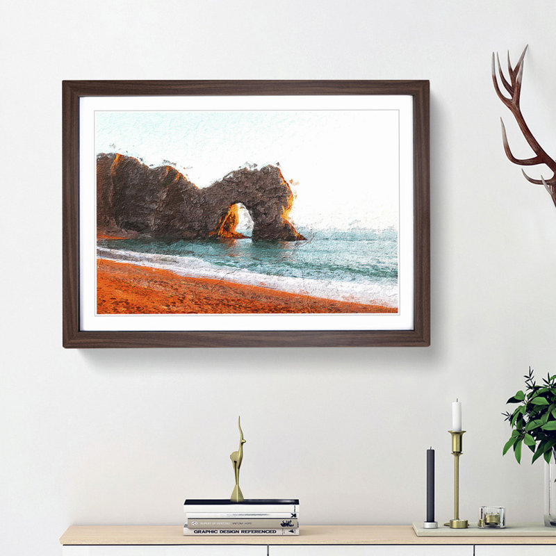 Durdle Door Cliffs at Sunset - Picture Frame Painting Print, 27cm H x 36cm W x 2cm D, Walnut Framed