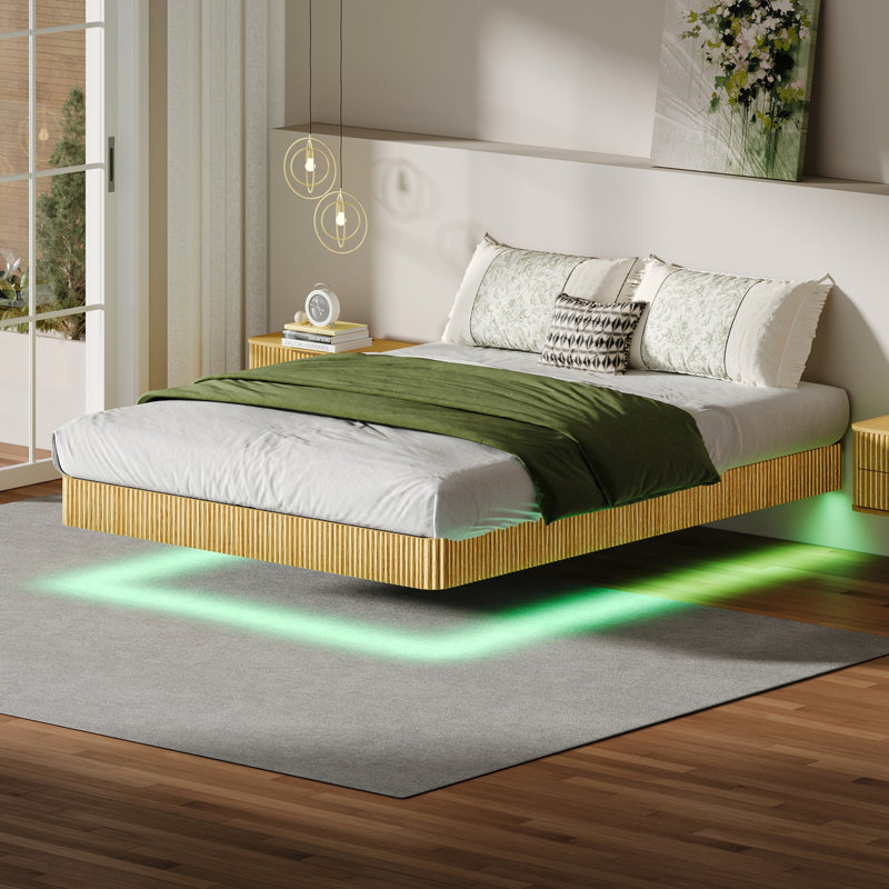 Queen Floating Bed Frame In Oak Color, Wave Curve Wood Design, Led Lights For Tranquil Ambiance, Heavy Duty Metal Slats, Hidden Support Mechanism, Color - Changing Lighting Functions, Real Grain,