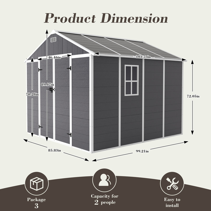 Campcraft 8*8ft resin storage shed, high quality pp material, strong structure, waterproof, rust and UV proof, large storage space, 12mm thick pp board, HD window lighting Dark gray