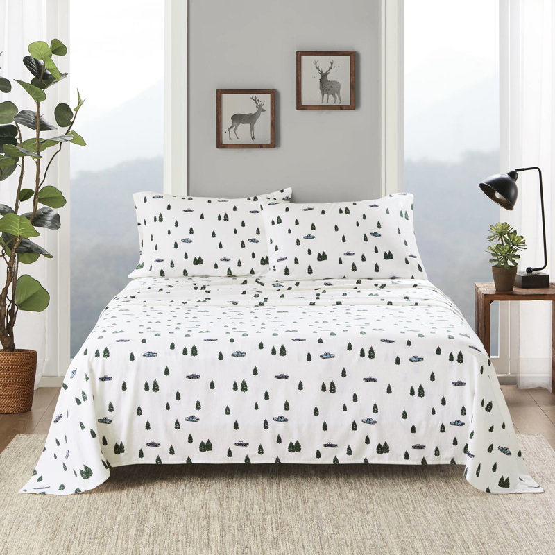 Drap-housse 4 pièces avec imprimé arbres et camions, flanelle 100% coton, brossé des deux côtés pour une sensation de velours, simple / double jusqu'à 12 po, 3 pièces avec graphiques, matelas élastiques, grand / très grand
