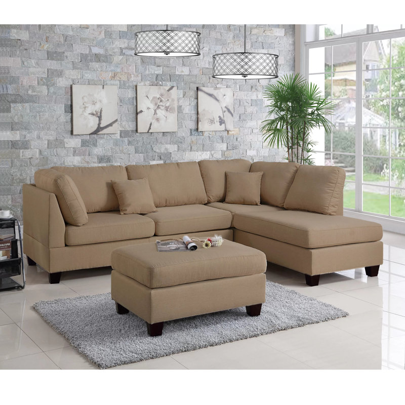 Sylko 3 - Piece Upholstered Reversible Sectional with Ottoman, Sand Polyester Blend