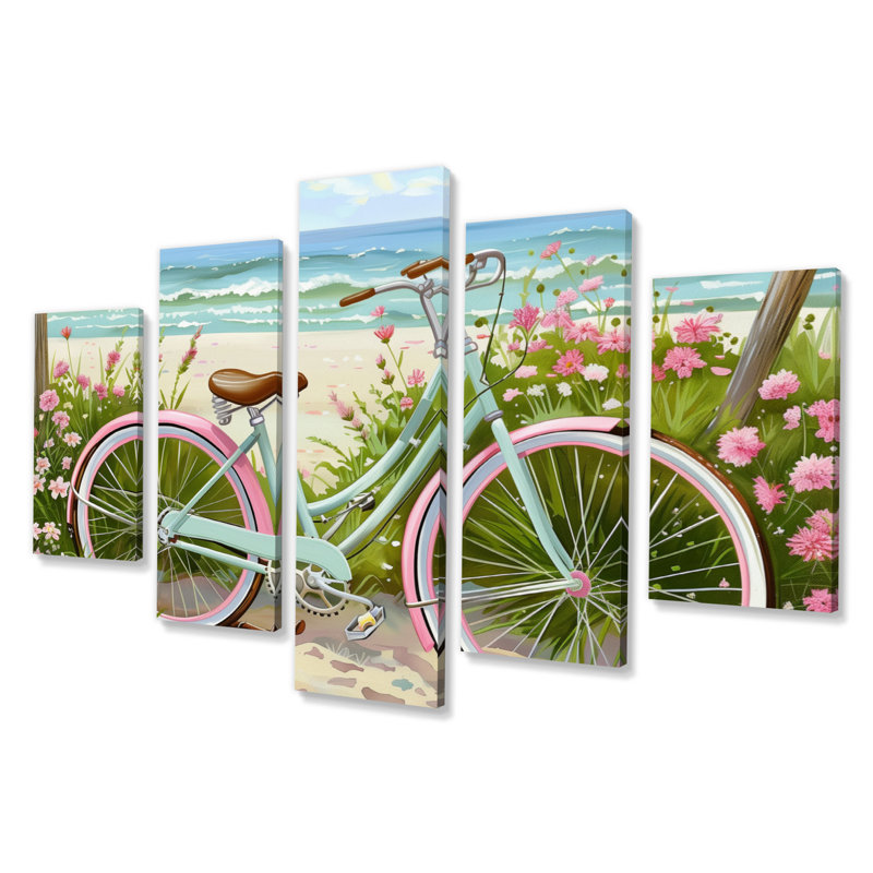Vélo vert sur le sentier côtier floral I - ensemble de salon d'art mural côtier