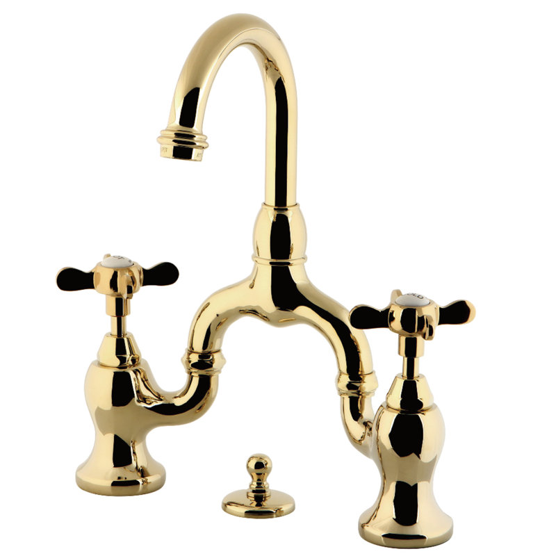 Kingston Brass Essex Two-Handle 3-Hole Deck Mount Bridge Bathroom Faucet with Brass Pop-Up, Polished Brass