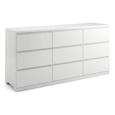 Armoire de meuble-lavabo moderne en bois mat blanc, coffre de rangement à 9 tiroirs sans poignée, idéal pour les salons, les couloirs et les entrées.