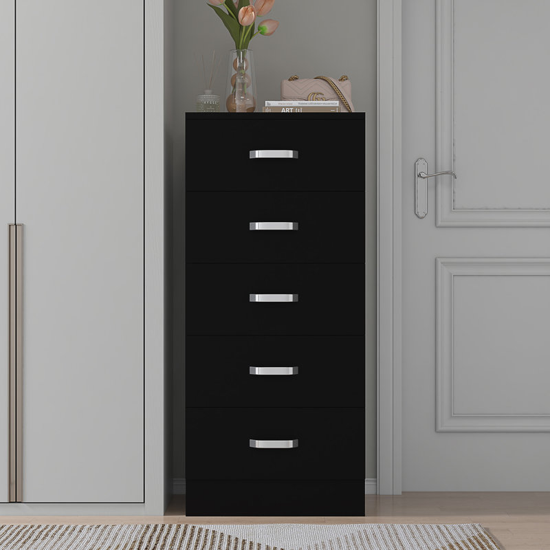 Tunis 5 Drawer Tallboy Chest Of Drawers - Matt Finish, Scratch Resistant, Brushed Chrome Metal Handles, Black