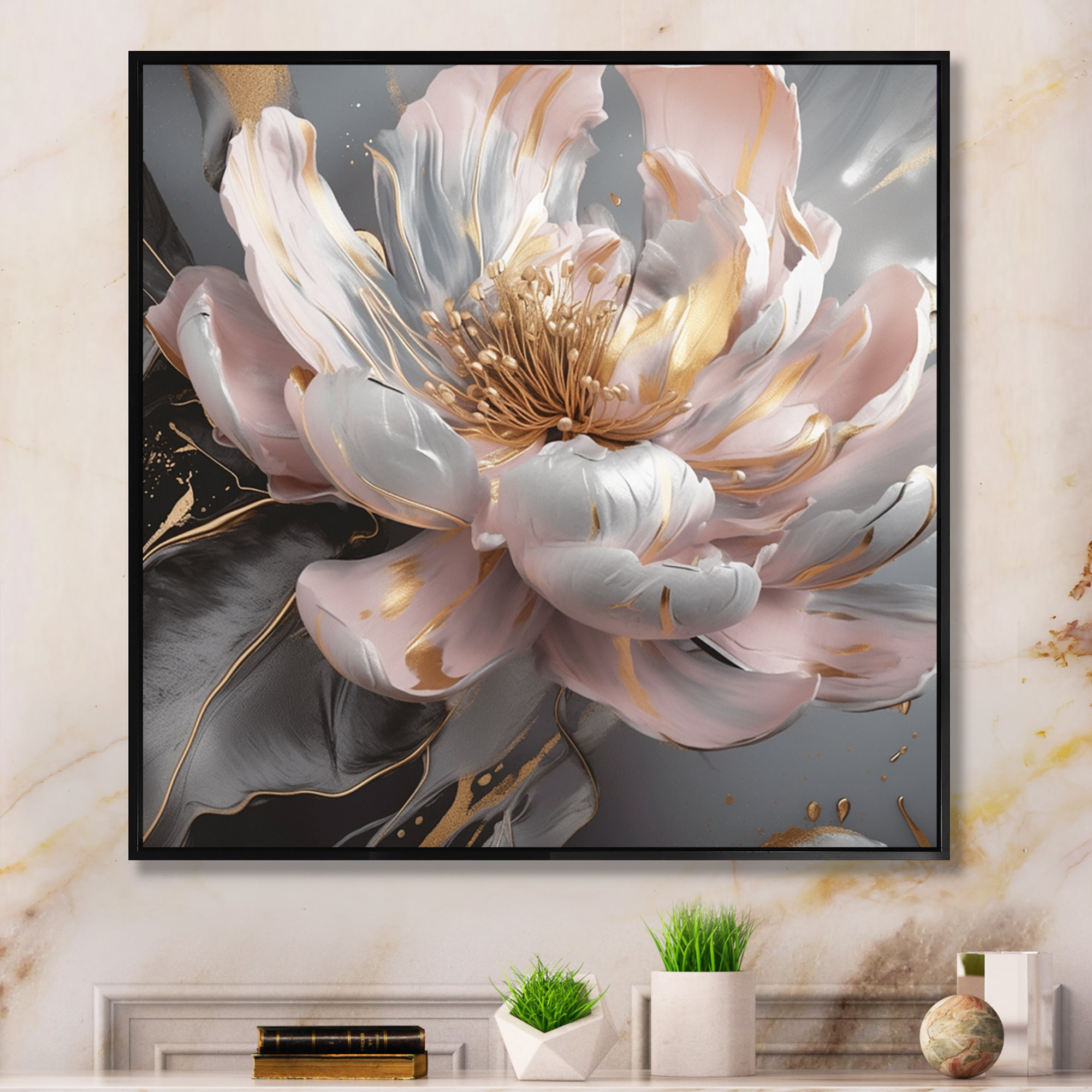 Marble Pink Gold Peony Flower III On Canvas Print