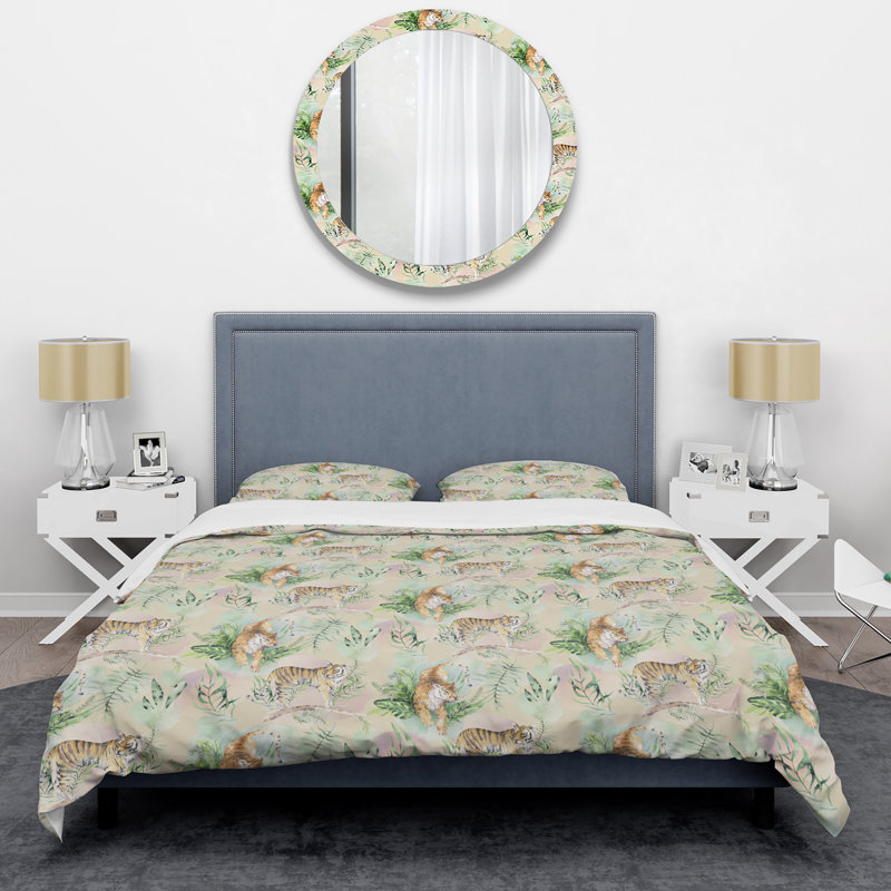 Ensemble de housse de couette en microfibre vert / brun 3 pièces, Housse de couette pour grand lit et 2 taies décor