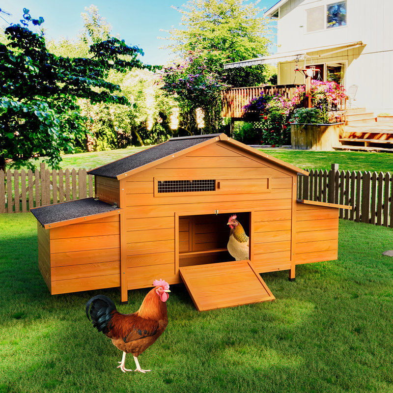 Large Wooden Chicken Coop With Nesting Box, Waterproof Roof, Secure Lock, Ventilated Hen House, Perch & Pull - Out Tray, Brick Red, 69.52 In Depth, 24.35 Width, 36.02 Height, 57.26 Lb, Design, Safe