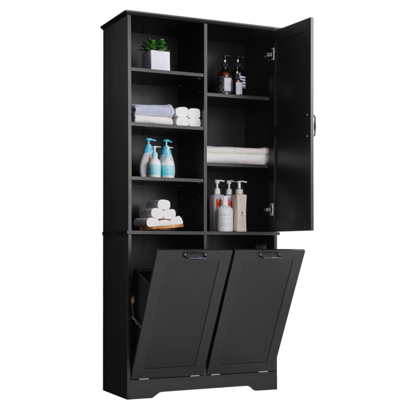 Bathroom Storage Cabinet With Doors And Drawers, Tilt-Out Laundry Hamper, Multiple Storage Space, Freestanding Style, Open Shelve, Adjustable Shelf