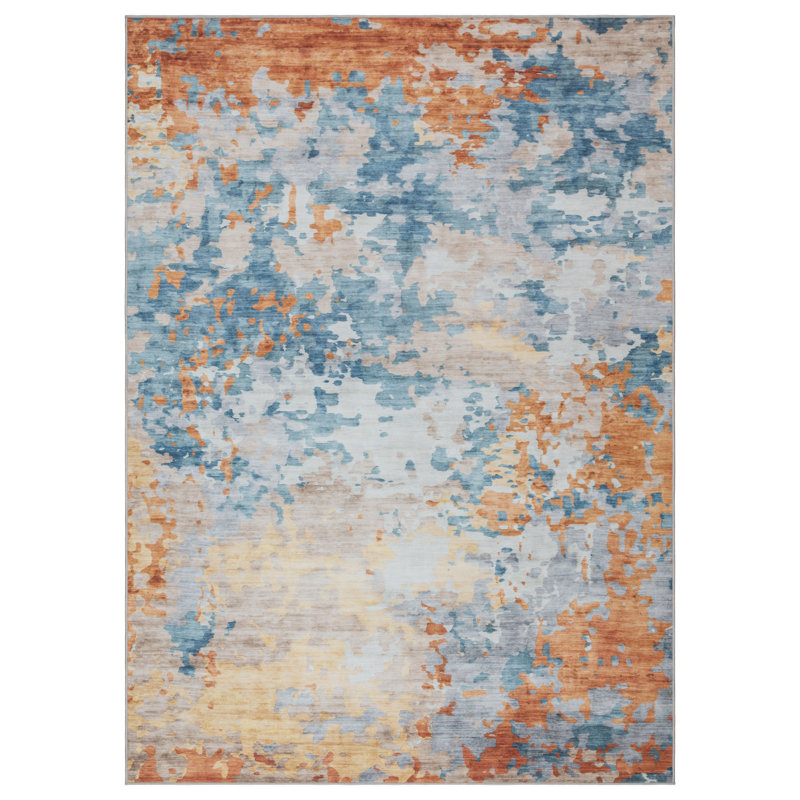 Rayna Kaori Multi Blue Orange Yellow Ivory Machine Washable Modern Abstract Industrial Indoor Area Rug, Flat Pile for Living Room & Bedroom - Multi, 6x9