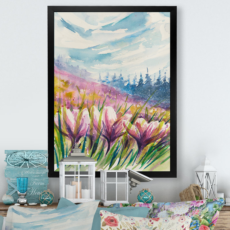 «Crocuses Meadow In Abstract Mountains», art mural traditionnel sur toile, Toile avec cadre photo noir, 20" H x 12" W x 1" D
