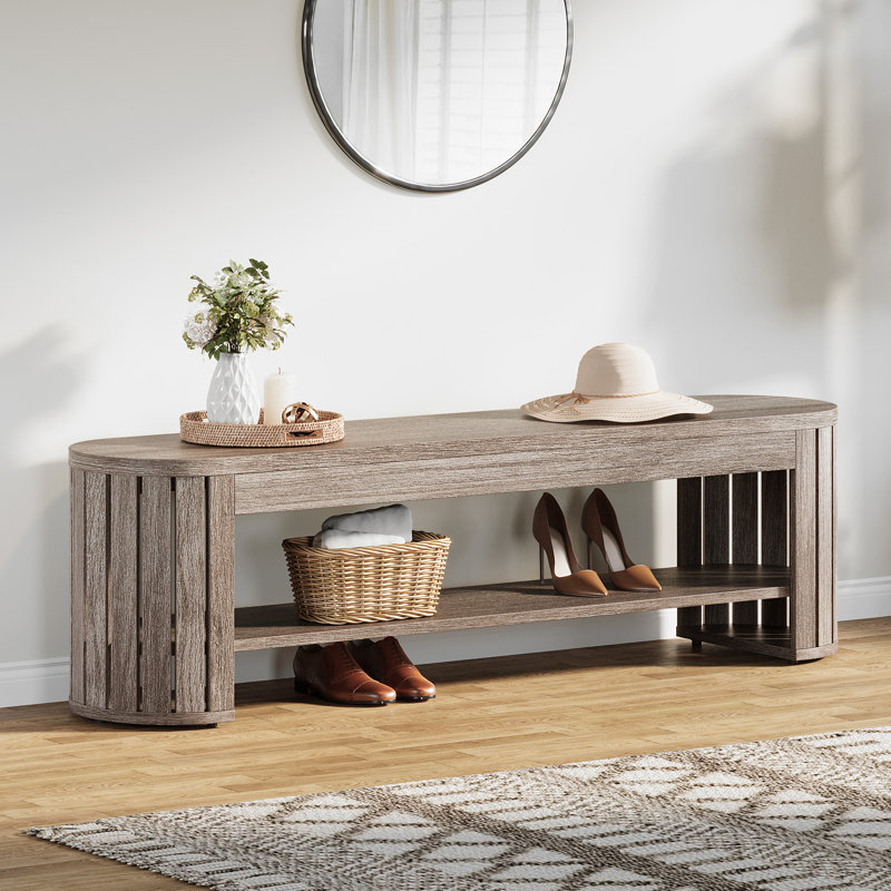 Banc de hall d'entrée rustique avec rangement, banc à chaussures en forme d'arc pour le couloir, Beige gris