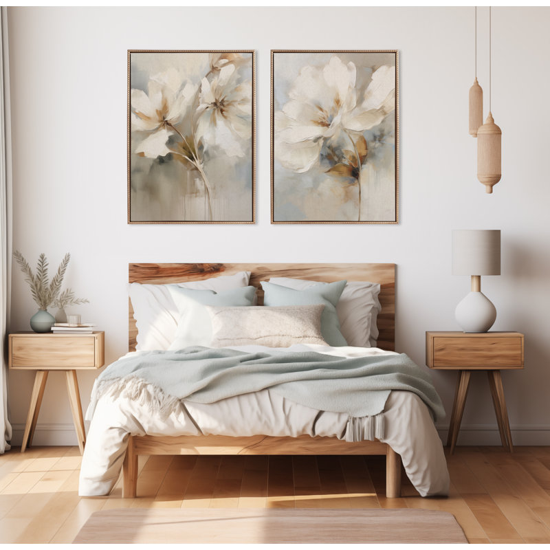 «Abstract Botanical Floral Linen Painting 1 and 2» par The Creative Bunch Studio, ensemble d'art mural sur toile encadrée
