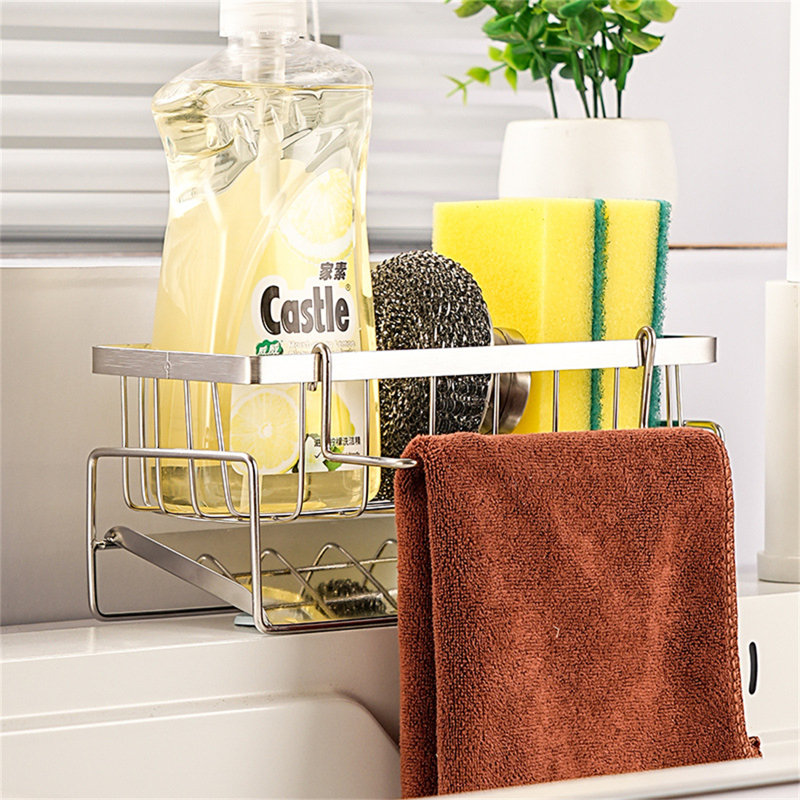Stainless Steel Kitchen Sink Organizer Rack With Drainage For Faucet, Sponge, And Cloth Storage