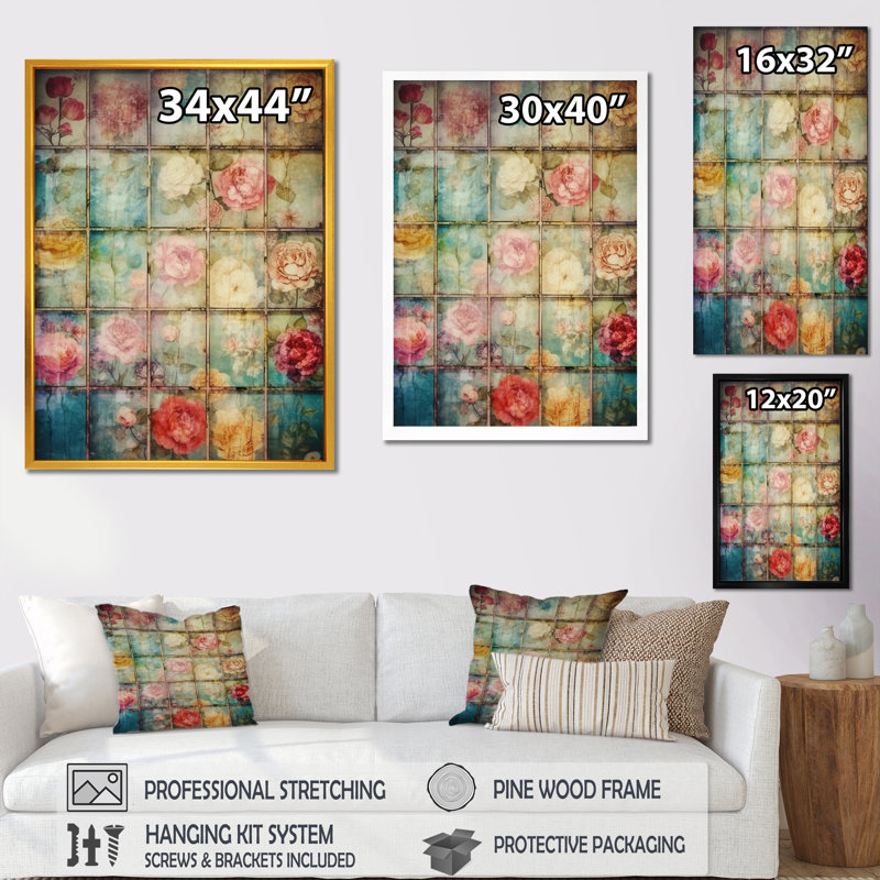 Élégant collage rétro de roses en fleurs I, H 44 po x l 34 po x P 1,5 po, Cadre doré à une seule photo