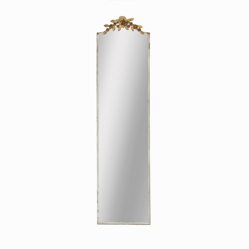 18.1X1.6X70.9" Large Rectangular Full-Length Mirror With Distressed Ivory Frame And Gold Floral Crown
