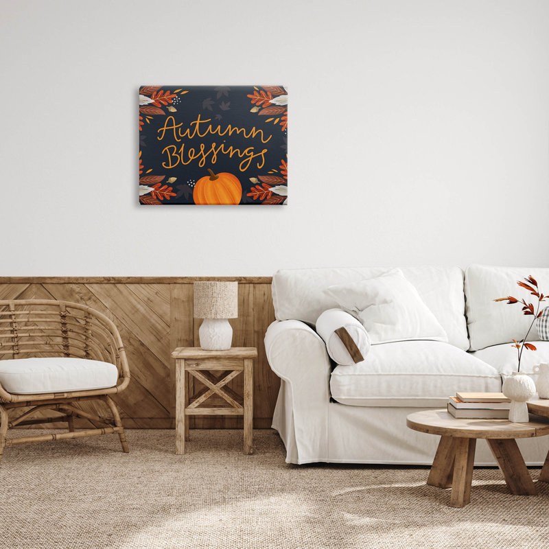 «Autumn Blessings Fall Leaves Pumpkin», art mural par Louise Allen Designs, H 24 po x l 30 po x P 1,5 po