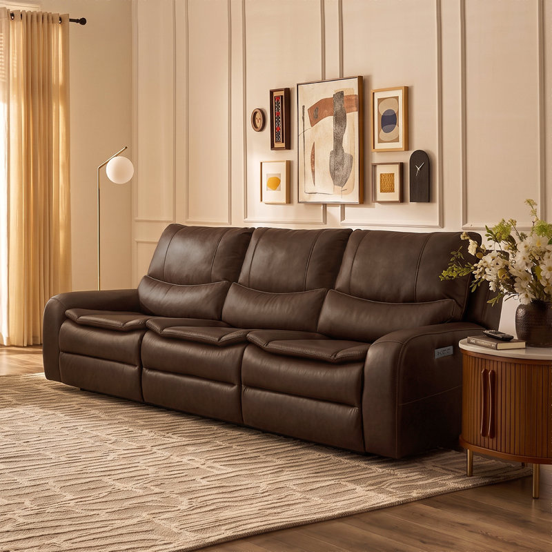 113"oversized Faux Leather Power Reclining Sofa With Adjustable Headrest, Dark Brown Faux Leather