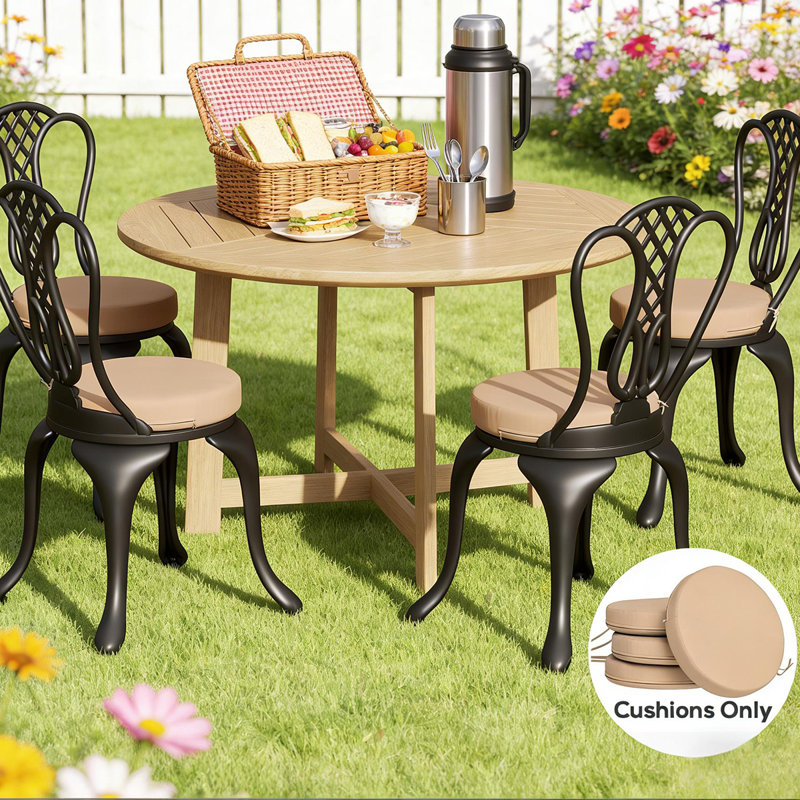 Outdoor Dining Chair Cushions, 15”x15”x 3” Thick Outdoor Round Seat Cushions Set of 4 with Ties, Splash-resistant Round Patio Furniture for Garden,Khaki