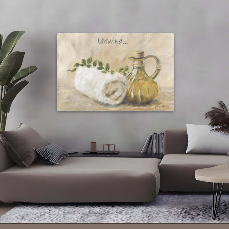 «Unwind In The Bath» - Art contemporain sur le thème de la serviette pour bouteille d'huile de spa et de la verdure