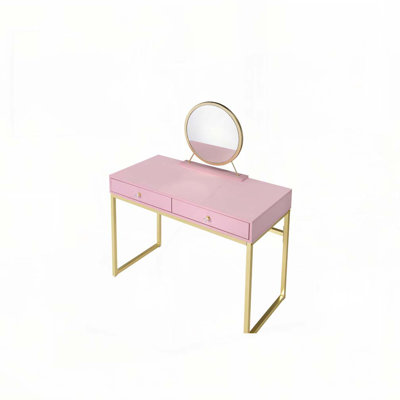 Bureau de coiffeuse à finition rose et or avec miroir et plateau à bijoux Coleen