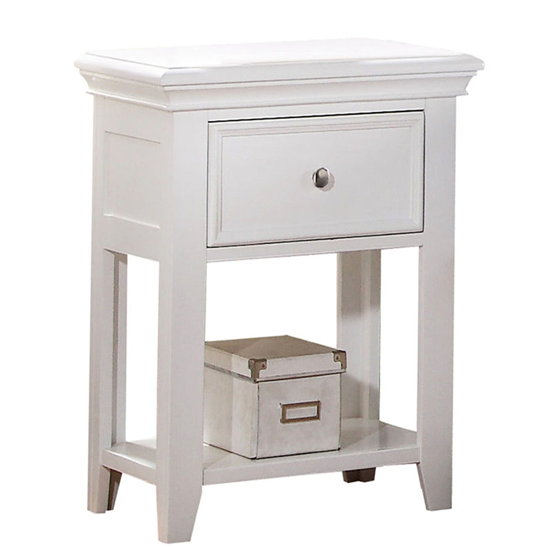 Table de chevet transitionnelle blanche avec tiroir et tablette inférieure pour chambre à coucher