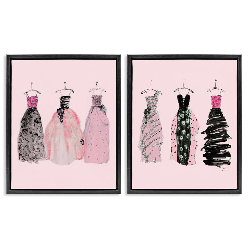 Ensemble de 2 toiles flottantes encadrées roses, robes par Sally Swatland, H 21 po x l 17 po, Cadre flottant noir de jais