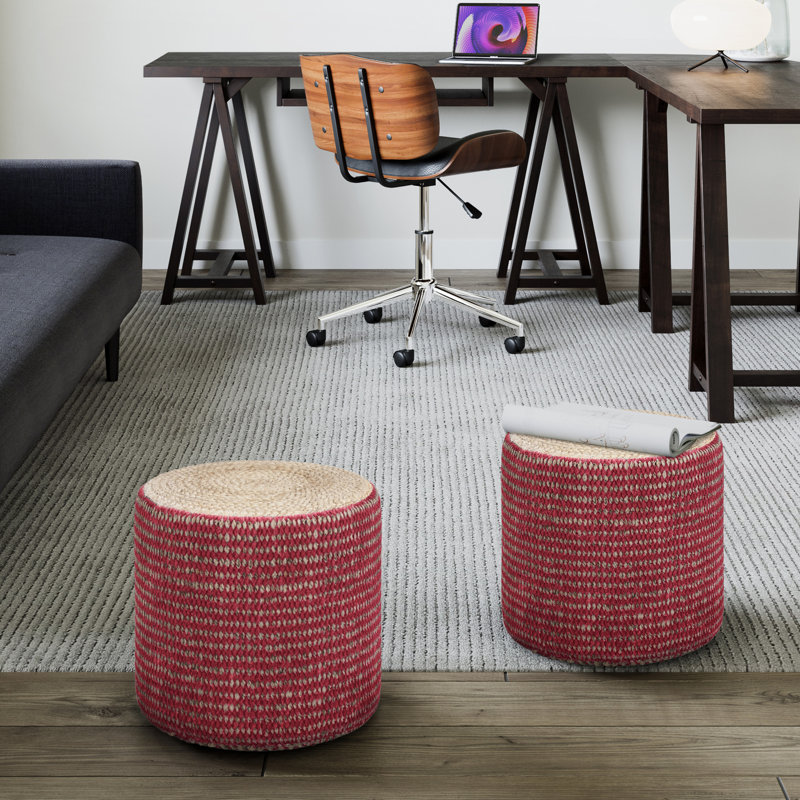 Larissa 18"W Jute Round Braided Pouf, Natural/Maroon