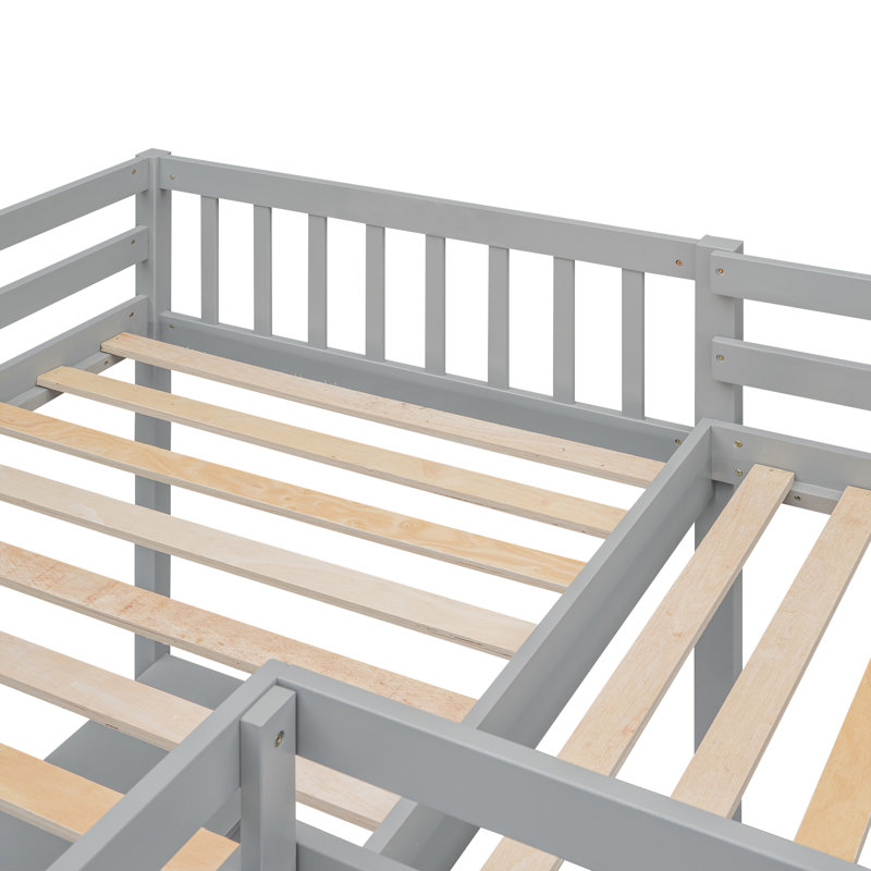 Lit mezzanine simple en bois en forme de L avec échelle et 2 bureaux intégrés en forme de L, gris, Gris
