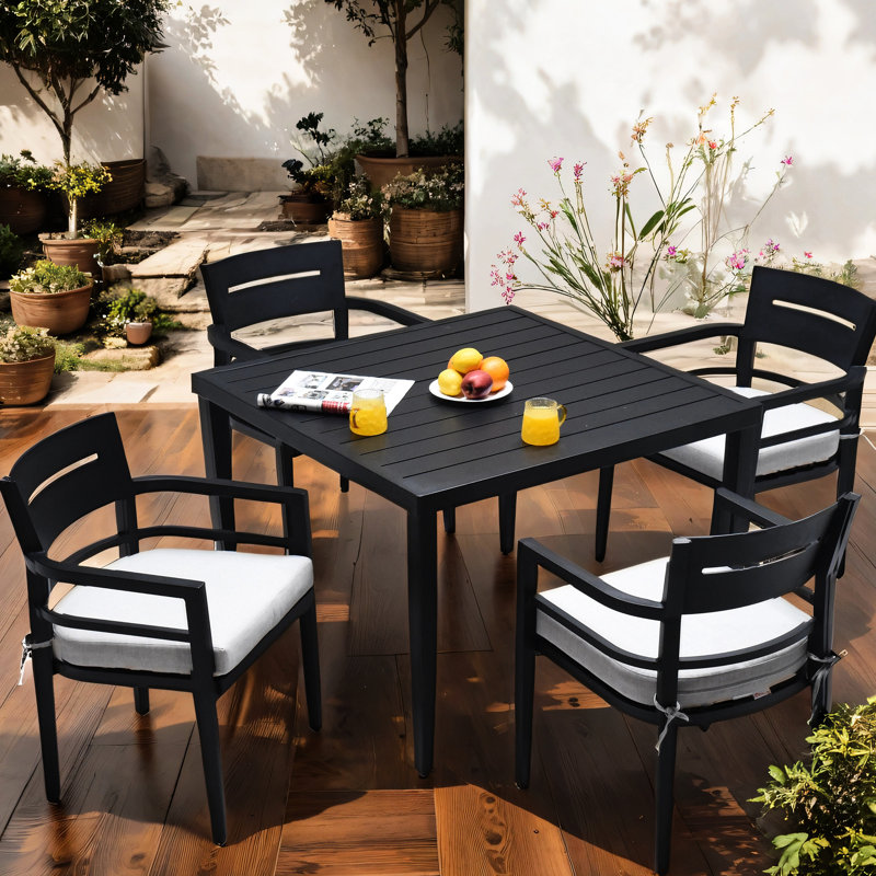 5 Outdoor Furniture Dining - 40" Square Table With Umbrella Hole & 4 Chairs Cushions Ember Black Eye-Catching , Modern Design Cushioned Chairs,